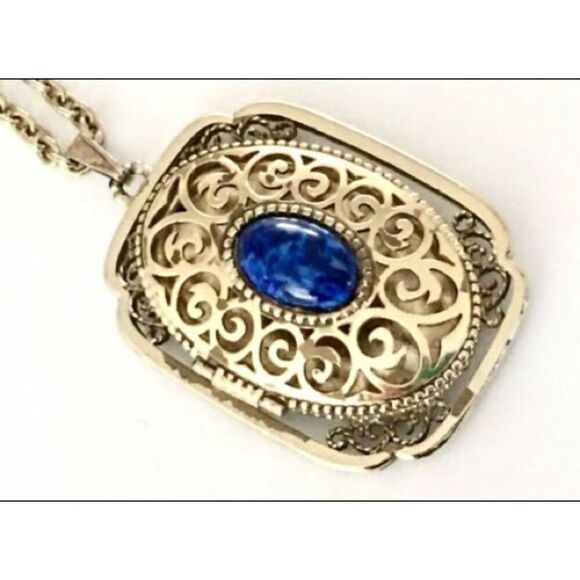 Vintage 1973 Avon Filigree Picture Locket Necklace Blue Lapis - Picture 1 of 12